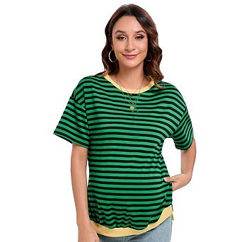 Maternity T-Shirt Short Sleeve Colorblock Crew Neck Tee Casual T Shirt Pregnancy Tunic Top