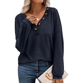 V Neck Waffle Knit Button Top