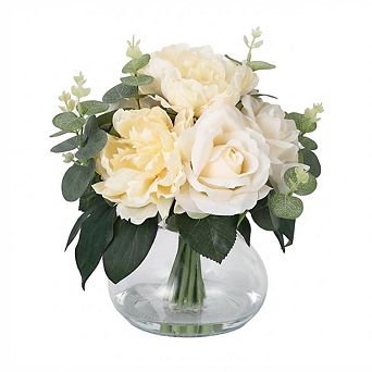 Artificial Silk Floral Arrangement 4 Roses & 4 Peonies with Glass Vase with Faux Water Home Decor