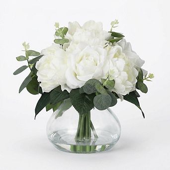 Artificial Silk Floral Arrangement 4 Roses & 4 Peonies with Glass Vase with Faux Water Home Decor