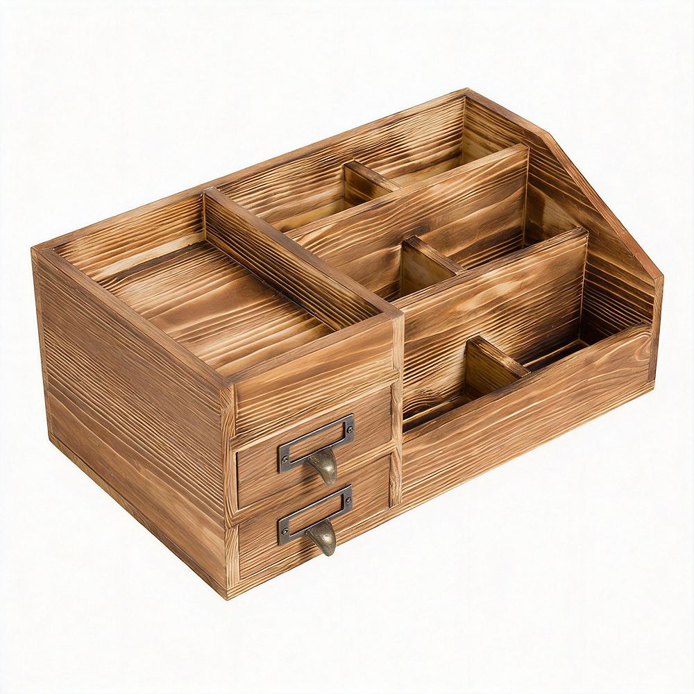 Rustic Wooden Desktop Organizer Stepped Rack 2 Tier Drawers