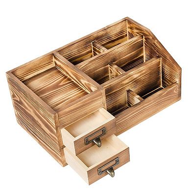 Rustic Wooden Desktop Organizer Stepped Rack 2 Tier Drawers
