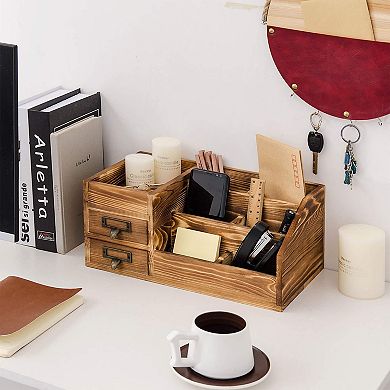 Rustic Wooden Desktop Organizer Stepped Rack 2 Tier Drawers