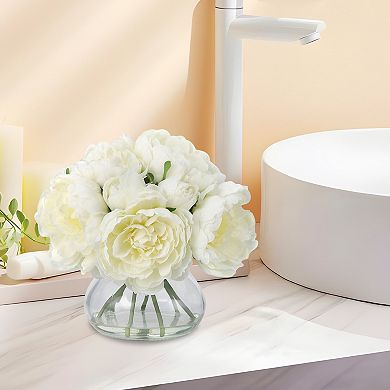 7Pcs Real Touch Artificial Peonies with Glass Vase Silk Peony Arrangements for Wedding Home Party