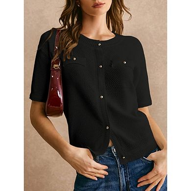 Women's Summer Button Down Shirts Casual Short Sleeve Crew Neck Ribbed Knit Blouse Top Cardigans
