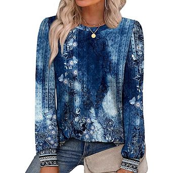 Print Crewneck Tunic Blouse
