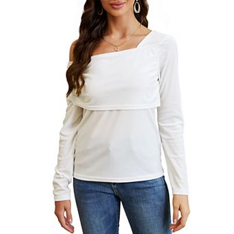Women's One Off The Shoulder Tops Asymmetrical Neck Clothes Long Sleeve Velvet Shirt