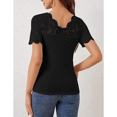 Women's Lace Trim Short Sleeve Blouse Eyelet Knit Slim Fit Casual Top
