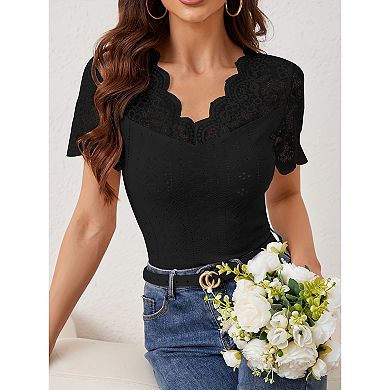 Women's Lace Trim Short Sleeve Blouse Eyelet Knit Slim Fit Casual Top