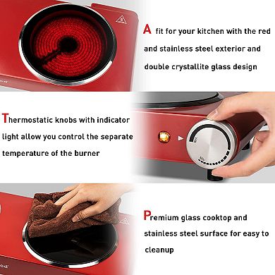 1800W Electric Cooktops with Dual Adjustable Temperature Control, Indicator Light, 120V