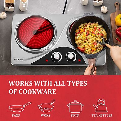 1800W Electric Cooktops with Dual Adjustable Temperature Control, Indicator Light, 120V