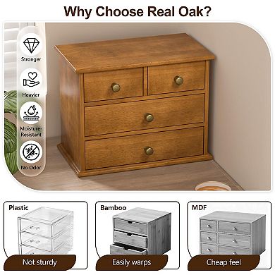 Oak Desk Organizer 4-Drawer Wood Box Metal Handles Silicone Pads