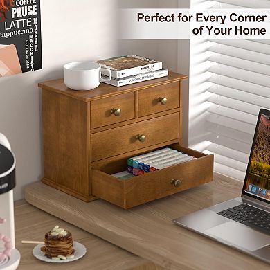 Oak Desk Organizer 4-Drawer Wood Box Metal Handles Silicone Pads