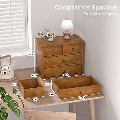 Oak Desk Organizer 4-Drawer Wood Box Metal Handles Silicone Pads