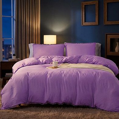 3 pc Duvet Cover Set with Pom-pom Ball, Soft Brushed Microfiber Cover for All Seasons