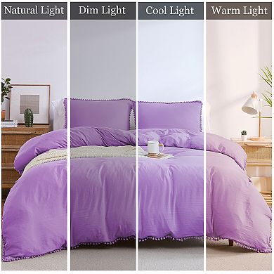 3 pc Duvet Cover Set with Pom-pom Ball, Soft Brushed Microfiber Cover for All Seasons
