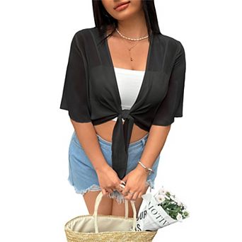 Women's Plus Size Sheer Shrug Tie Front Chiffon Cardigan Short Sleeve Cover Up Lightweight Bolero