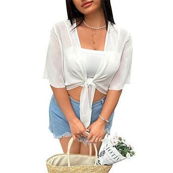Women's Plus Size Sheer Shrug Tie Front Chiffon Cardigan Short Sleeve Cover Up Lightweight Bolero