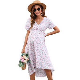 Women's Maternity Short Sleeve Ruffle Dress V Neck Casual Flowy Midi Dress