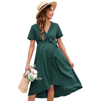 Women's Maternity Short Sleeve Ruffle Dress V Neck Casual Flowy Midi Dress