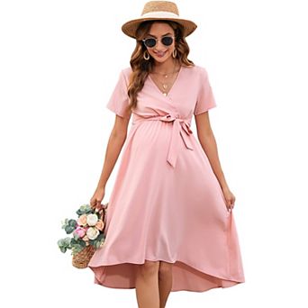 Women's Maternity Short Sleeve Ruffle Dress V Neck Casual Flowy Midi Dress