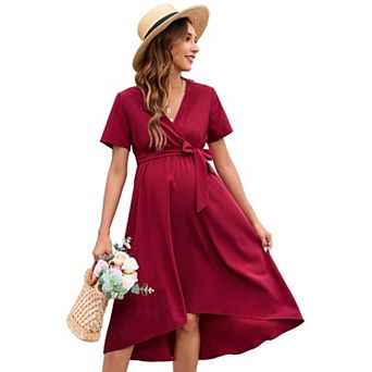 Women's Maternity Short Sleeve Ruffle Dress V Neck Casual Flowy Midi Dress