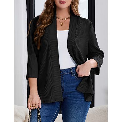 Plus Size Pleated Blazer Cardigan for Women Open Front 3/4 Sleeve Loose Fit Workwear Top