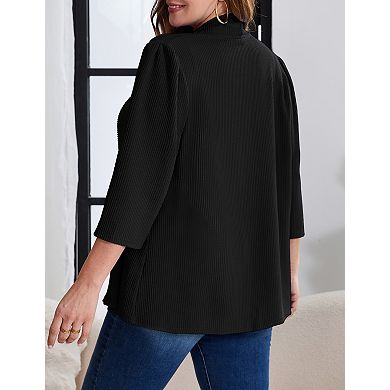 Plus Size Pleated Blazer Cardigan for Women Open Front 3/4 Sleeve Loose Fit Workwear Top