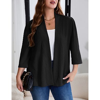 Plus Size Pleated Blazer Cardigan for Women Open Front 3/4 Sleeve Loose Fit Workwear Top