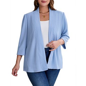 Plus Size Pleated Blazer Cardigan for Women Open Front 3/4 Sleeve Loose Fit Workwear Top