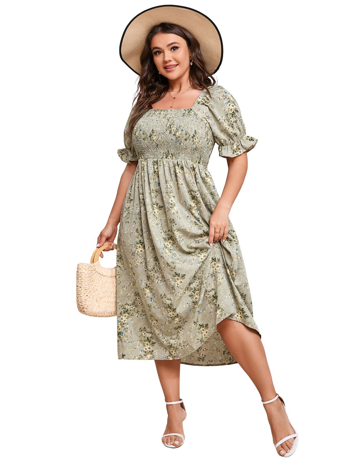 Женские платья Plus Size Puff Sleeve Summer Floral Dress Square Neck Casual Dress Cute Midi Dress