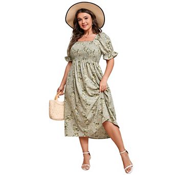 Women's Plus Size Puff Sleeve Summer Floral Dress Square Neck Casual Dress Cute Midi Dress