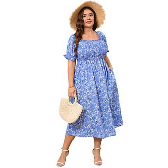 Women's Plus Size Puff Sleeve Summer Floral Dress Square Neck Casual Dress Cute Midi Dress
