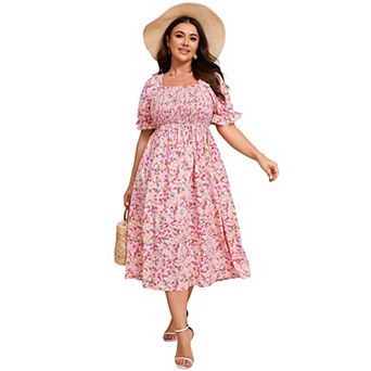Women's Plus Size Puff Sleeve Summer Floral Dress Square Neck Casual Dress Cute Midi Dress