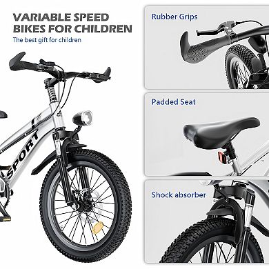 Kids Mountain Bike for Ages 7-12 7-Speed Gears Dual Disc Brakes Shock Absorber Front Fork LED Light