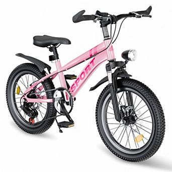 Kids Mountain Bike for Ages 7-12 7-Speed Gears Dual Disc Brakes Shock Absorber Front Fork LED Light