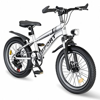 Kids Mountain Bike for Ages 7-12 7-Speed Gears Dual Disc Brakes Shock Absorber Front Fork LED Light