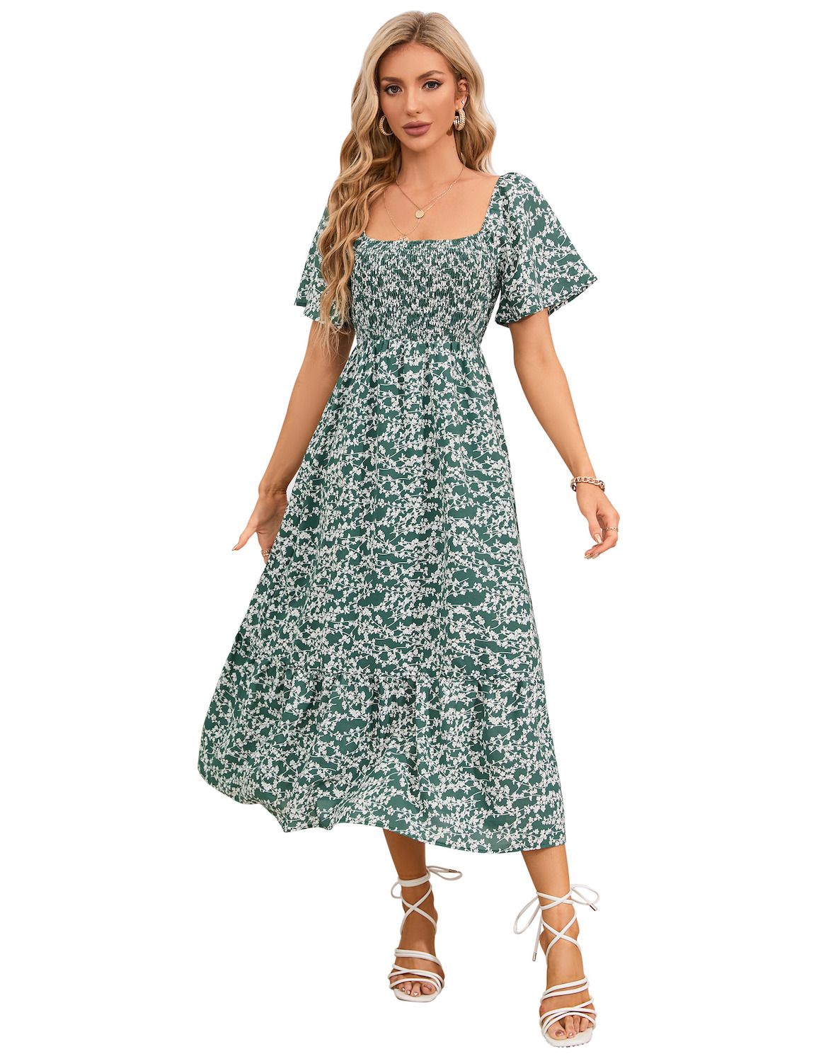 Женские платья Floral Short Sleeve Square Neck Boho Casual Dress