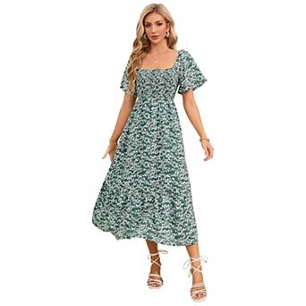 Women's Floral Short Sleeve Square Neck Boho Casual Dress