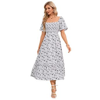 Women's Floral Short Sleeve Square Neck Boho Casual Dress