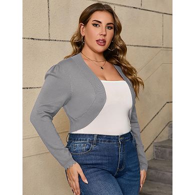Women's Plus Size Bolero Shrug Curved Hem Cardigan Puff Sleeve Ruffled Cuff Open Front Sweater