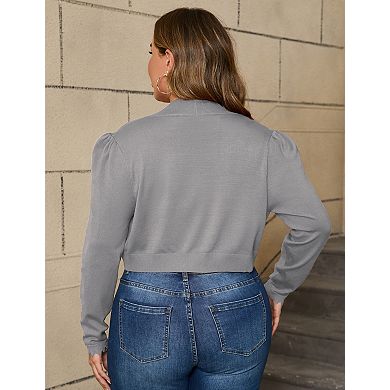 Women's Plus Size Bolero Shrug Curved Hem Cardigan Puff Sleeve Ruffled Cuff Open Front Sweater