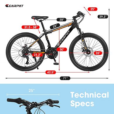 26 Inch Mountain Bike 21 Speeds with Mechanical Disc Brakes High-Carbon Steel Frame Suspension MTB