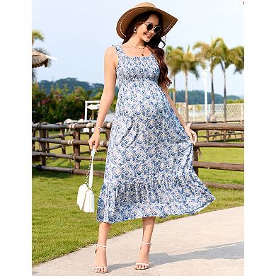 Maternity Off-Shoulder Summer Dress Strappy Ruffle Boho Swing Midi Dress