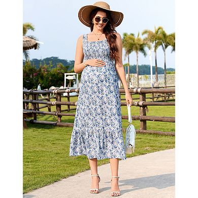 Maternity Off-Shoulder Summer Dress Strappy Ruffle Boho Swing Midi Dress