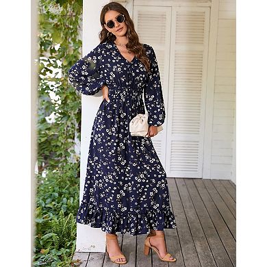 Women's Floral Print V-Neck Maxi Dress with Long Sleeves