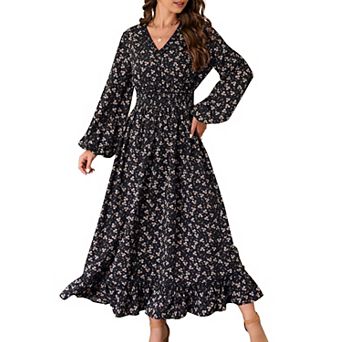 Women's Floral Print V-Neck Maxi Dress with Long Sleeves