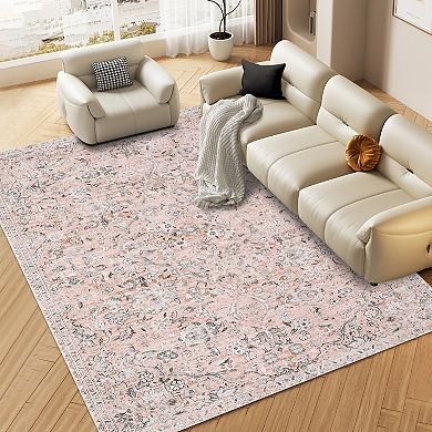 FairOnly Distressed Oriental Area Rug Washable Low Pile Non Slip Vintage Rug for Dining Room Kitchen