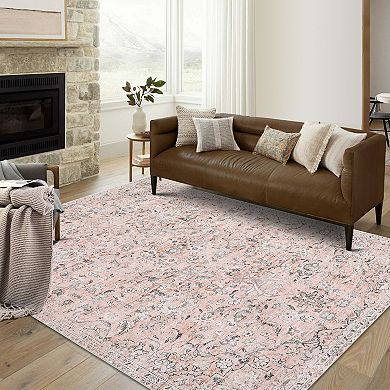 FairOnly Distressed Oriental Area Rug Washable Low Pile Non Slip Vintage Rug for Dining Room Kitchen