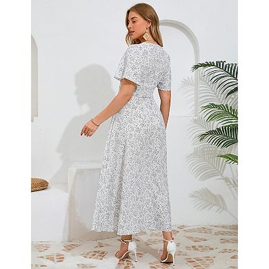 Women's Chic V-Neck Short Sleeve Midi Dress with Side Split